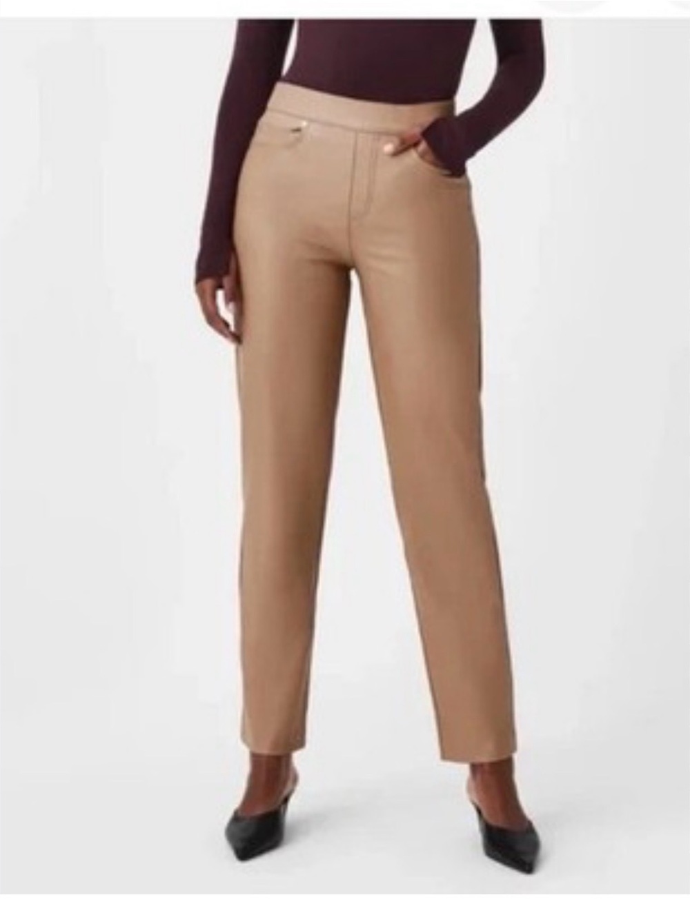 SPANX Slim Straight Faux Leather Pant S Toffee Preppy Old Money Mobwife Academia